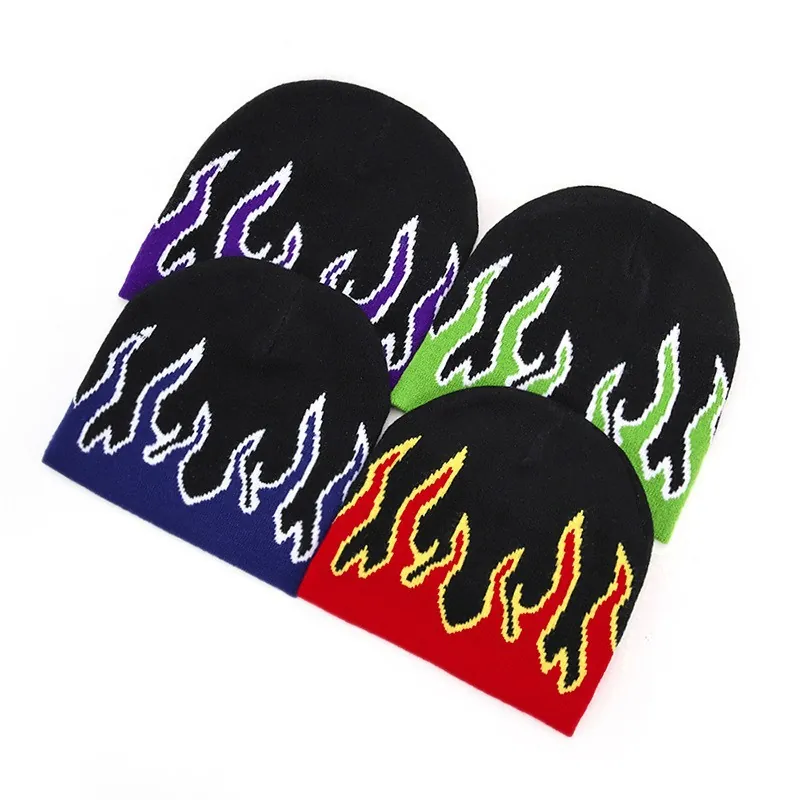 Flame Jacquard Knitted Beanie Hat Warm Windproof Winter Acrylic Streetwear Fashion Headwear For Men Women