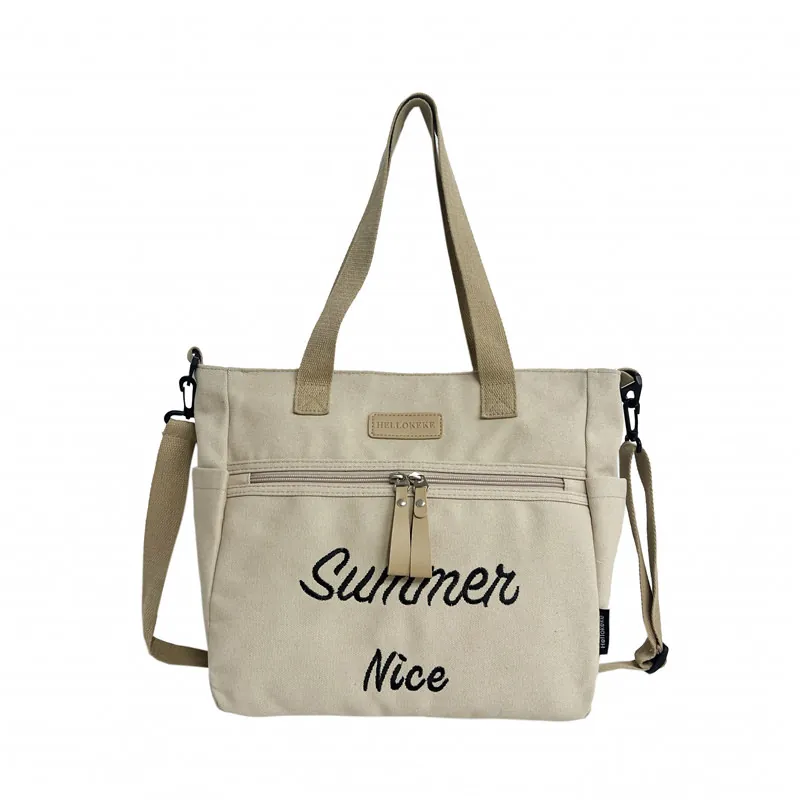Women Canvas Tote Bag Large Capacity Shoulder Bag Crossbody Bag With Letter Embroidery Minimalist Casual Handbag