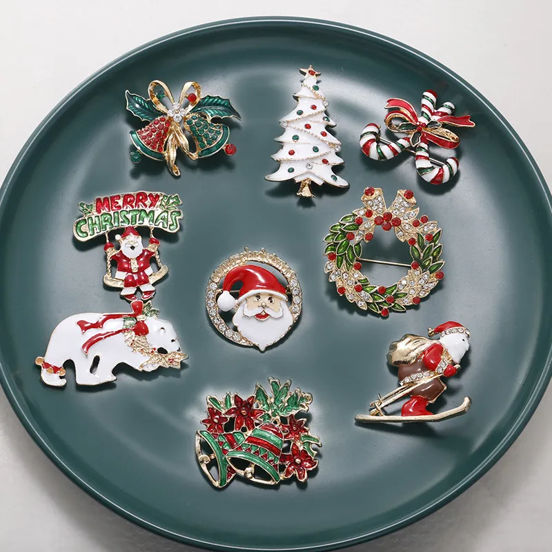 Christmas Brooch Alloy Enamel Rhinestone Santa Claus Reindeer Tree Wreath Jewelry Holiday Decor Gift For Women
