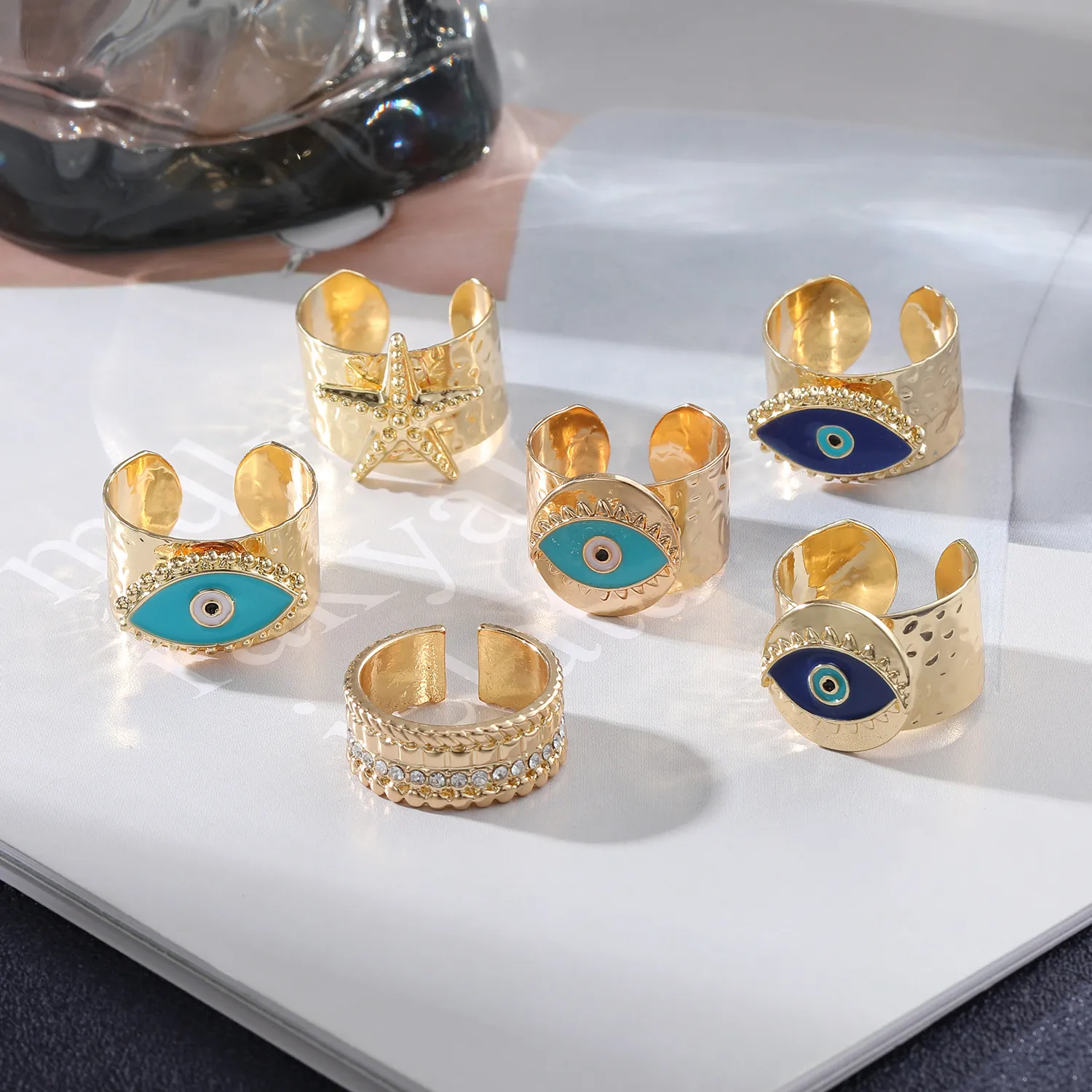 Retro Evil Eye Open Adjustable Ring For Women Alloy Gold Plated Enamel Zircon Hammered Band Turkish Ethnic Style