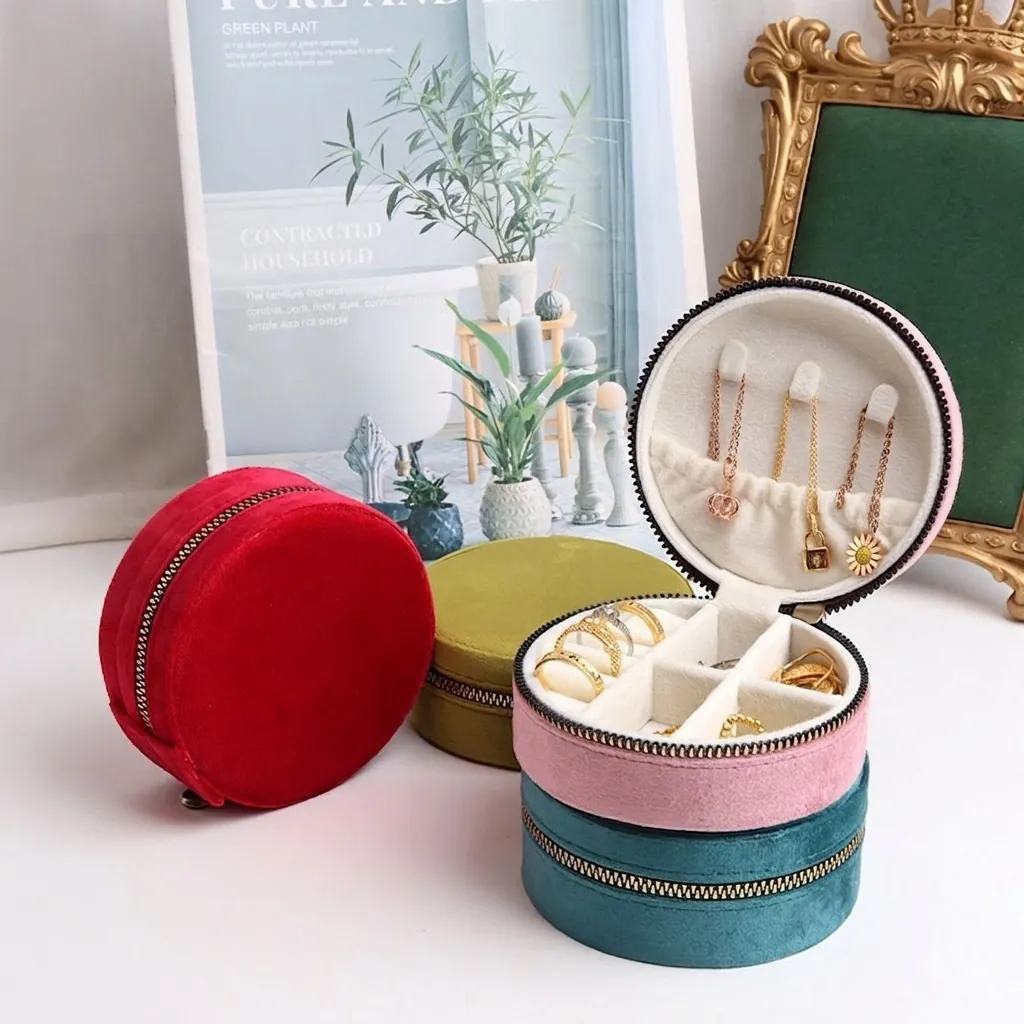 Velvet PU Leather Jewelry Box Portable Travel Mini Storage Organizer Zipper Closure For Rings Earrings Necklaces Women