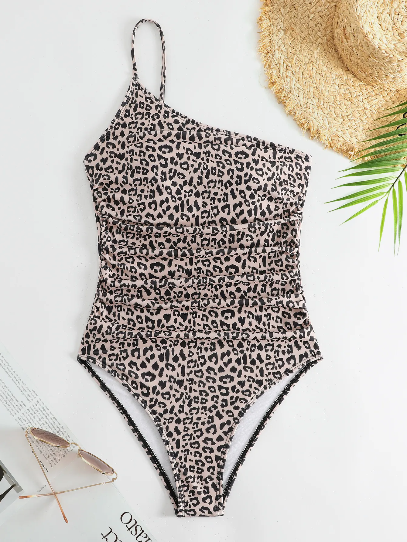 Badeanzug Einteiler Ein Schulter Leopard Print Bauchweg Raffung Schlanke Passform Sexy Strand Urlaub Damen Polyester Spandex