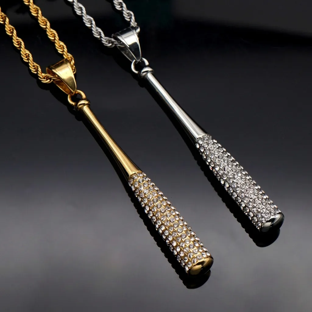 Hip Hop Baseball Bat Pendant Necklace Rhinestone Inlaid Titanium Steel Sport Style Trendy Neck Jewelry For Men