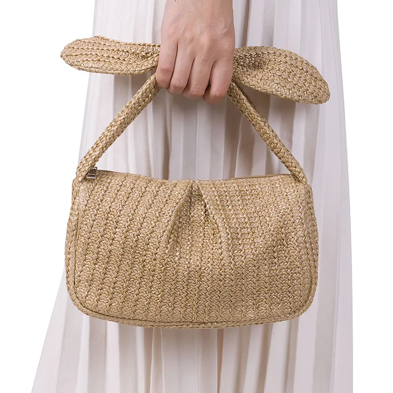 Borsa In Paglia Intrecciata Da Spiaggia Estiva Per Donna Manico Con Fiocco Chic Borsa Clutch Pieghettata Stile Vacanza Cerniera