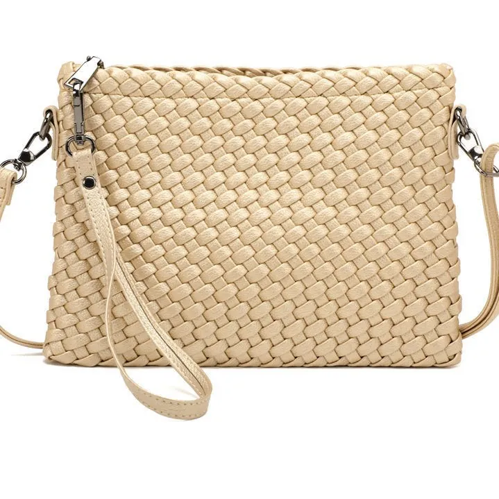 Women Handwoven PU Leather Crossbody Bag Fashion Minimalist Shoulder Clutch Purse With Detachable Long Strap