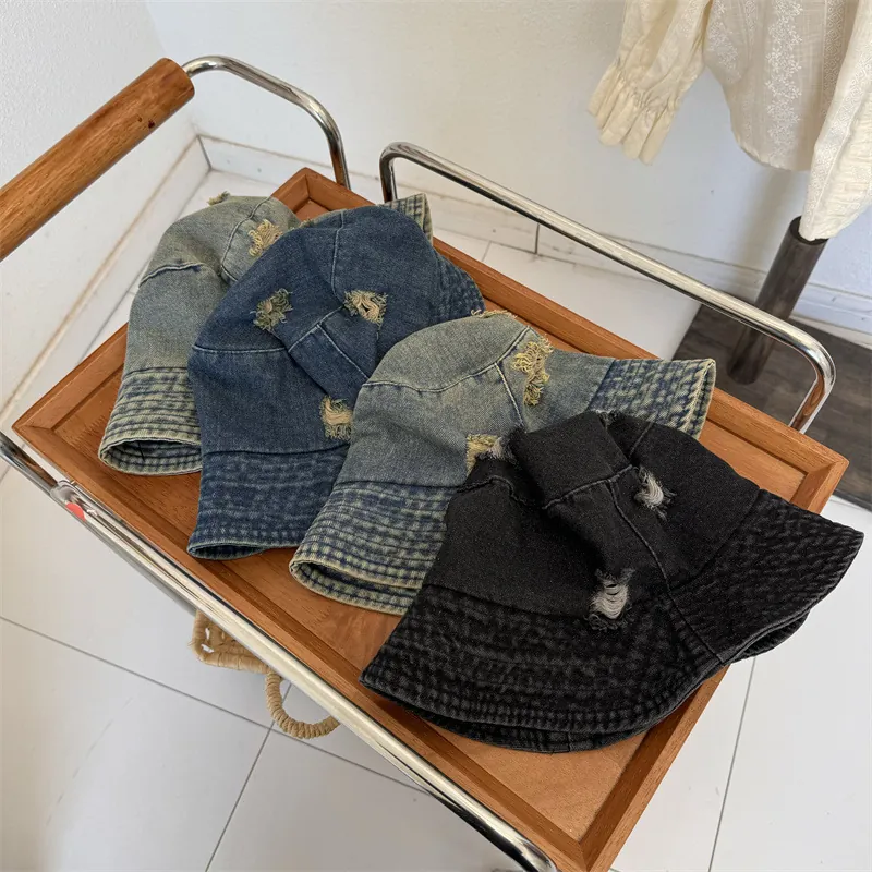 Chapeau Bob en Acrylique Style Denim Délavé Rétro pour Femmes Déchiré Frangé Protection Solaire Été