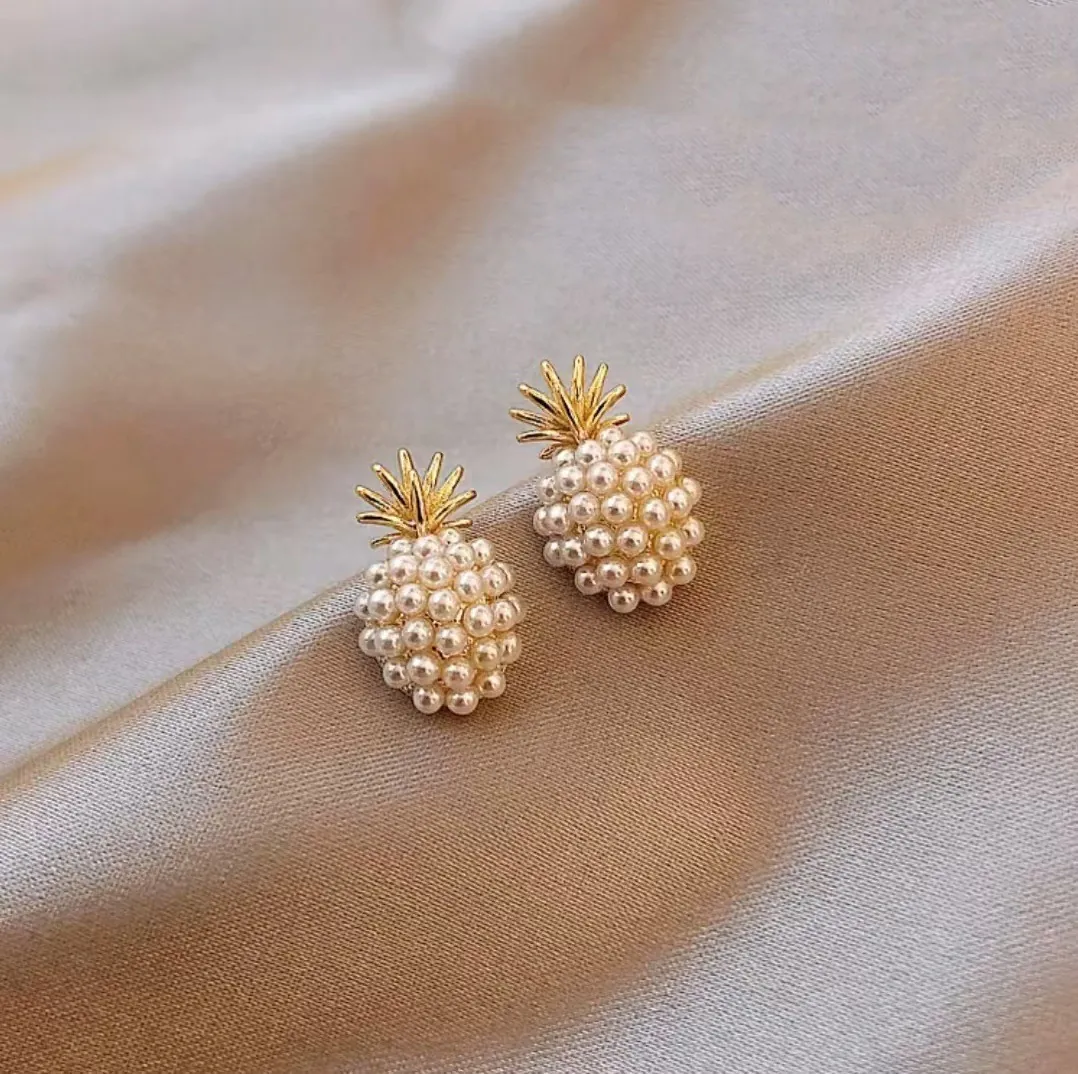Elegant Pineapple Stud Earrings Gold Alloy Imitation Artificial Pearl Fruit Jewelry With 925 Sterling Silver Earring Post For Women