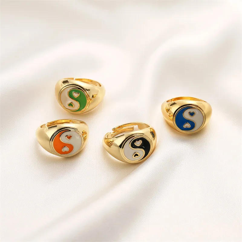 Yin Yang Herz Ring Kupfer Emaille Mikro Eingelegt Zirkon Offen Verstellbar Finger Schmuck Mode Für Frauen