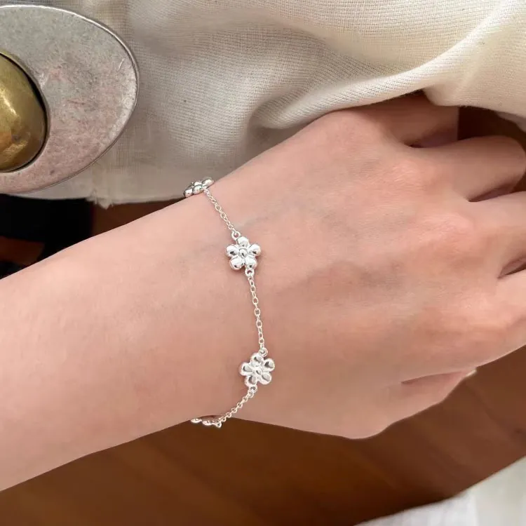 925 Sterling Silver Bracelet Flower Charms Hollow Out Polished Chain For Women Minimalist Sweet Jewelry