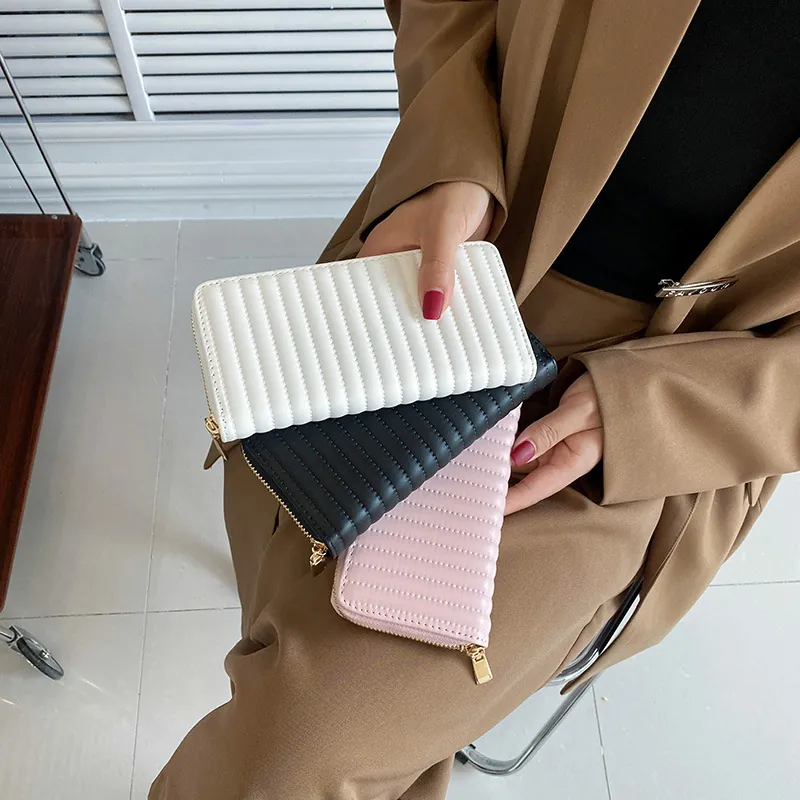 Women Long Wallet PU Leather Quilted Vertical Striped Clutch Zipper Large Capacity Minimalist Style Ladies Purse