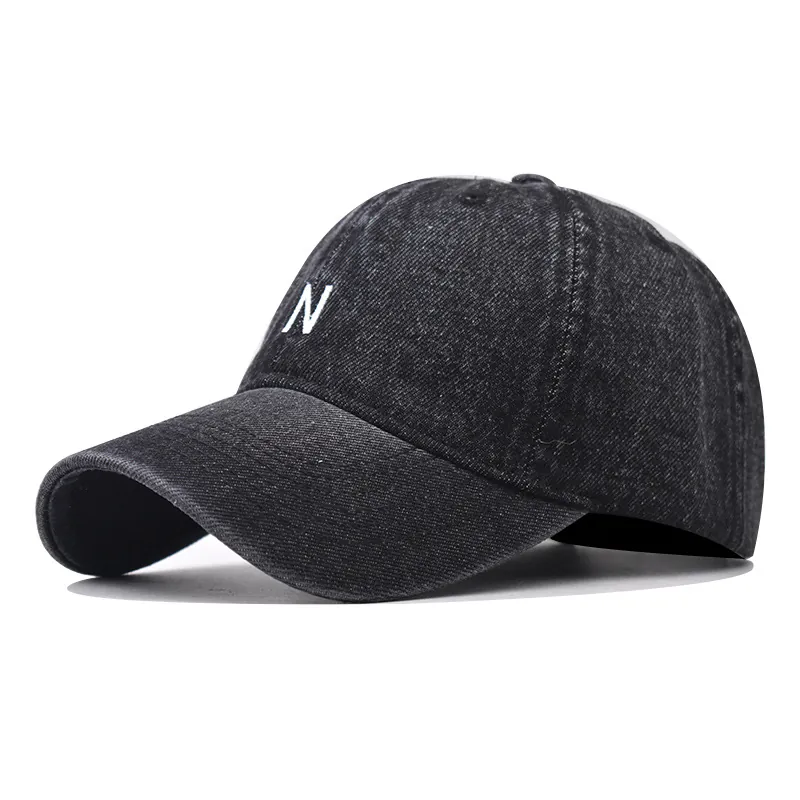 Baseball Cap Washed Denim Retro Letter N Embroidered Adjustable Sun Hat Outdoor Unisex Casual Breathable