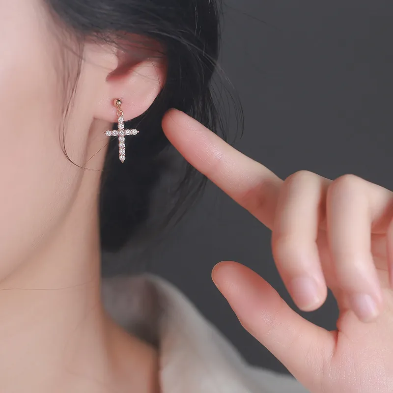 Baroque Cross Earrings Women Electroplated Alloy Rhinestone Studs With 925 Sterling Silver Post Korean Fashion Jewelry