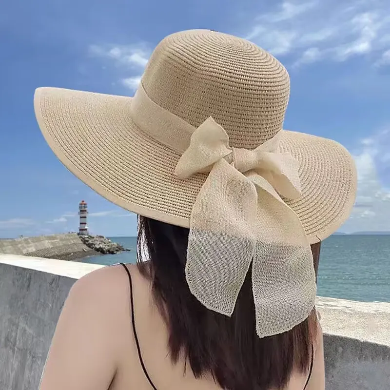 Cappello Di Paglia Donna Estate Tesa Larga Pieghevole Protezione UV Spiaggia Vacanza Decorazione Fiocco Elegante Traspirante