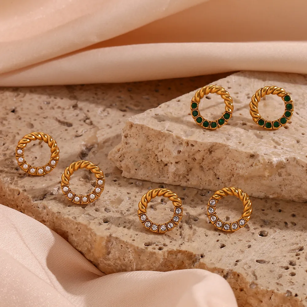 Stainless Steel Twist Hoop Stud Earrings With Rhinestone Artificial Pearl Women Vintage Luxurious Gold Plated Jewelry