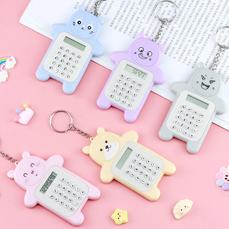 Mini Calculator Keychain Cartoon Bear Eight Digit Display Portable Plastic Pocket Arithmetic Toy For Students Office