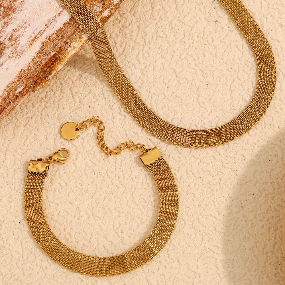 Mesh Chain Necklace And Bracelet Set Stainless Steel 18K Gold Plated Choker For Women Fashion Jewelry