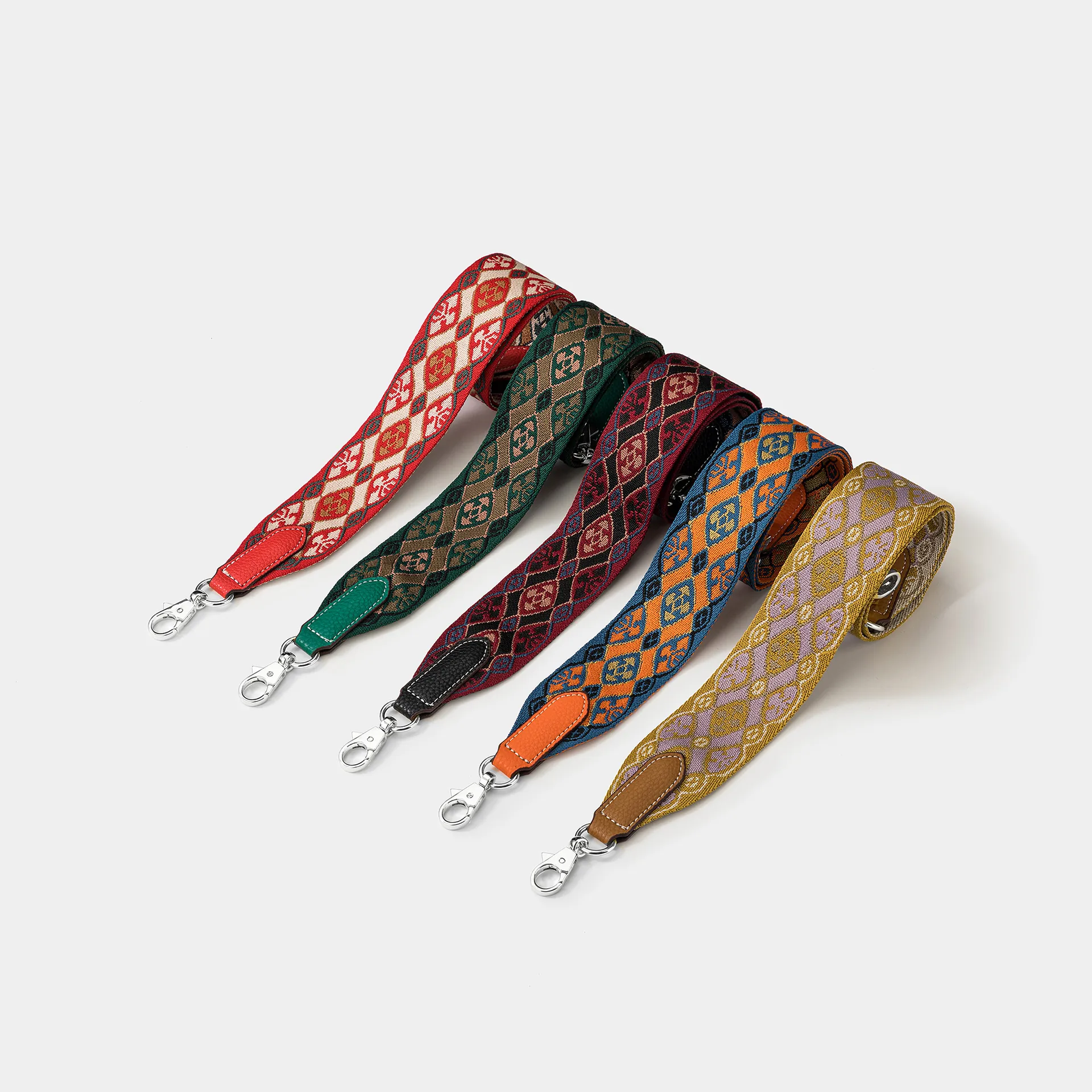 Wide Bag Strap Replacement Embroidered Geometric Jacquard Webbing Cowhide Leather Metal Swivel Clasps Vintage Ethnic Crossbody Shoulder
