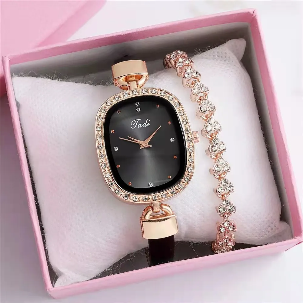 Damen Mode Armbanduhr Elegant Straßstein Ovales Zifferblatt Schlankes Kunstlederarmband Und Armband Geschenkbox Quarz