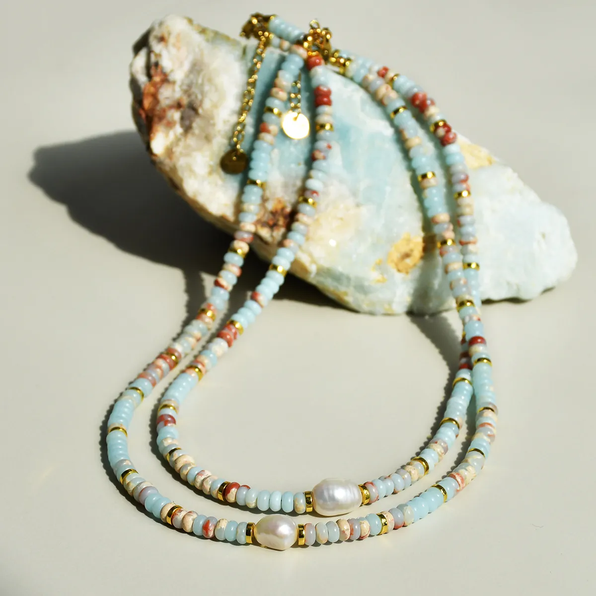 Handmade Shoushan Stone Necklace For Women Freshwater Pearl Stainless Steel Chain Bohemia Beaded Necklace French Vintage Jewelry