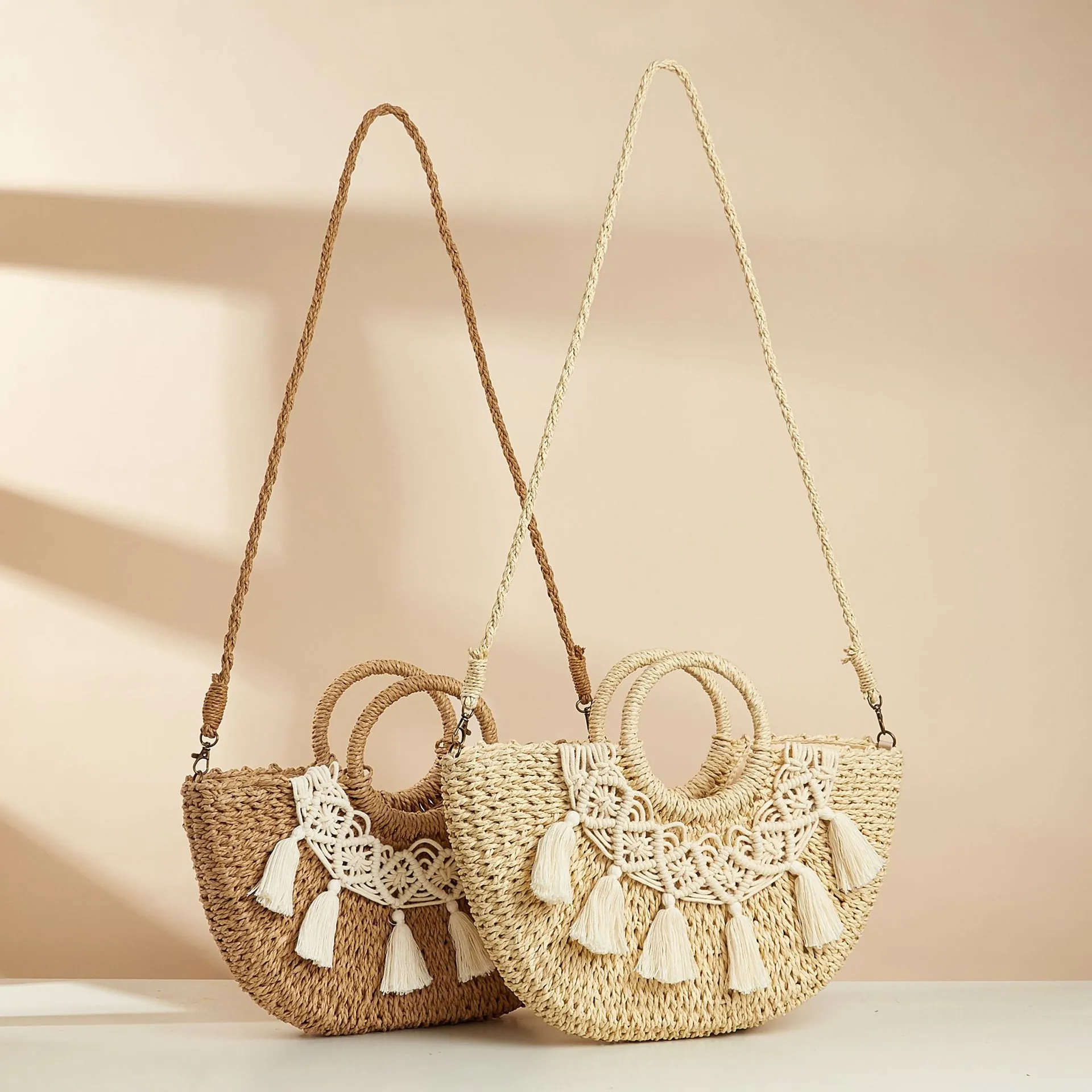 Bolso Bandolera De Paja Tejida Semicircular Borla Boho Verano Playa Bolso De Mano Con Correa Desmontable Para Mujer