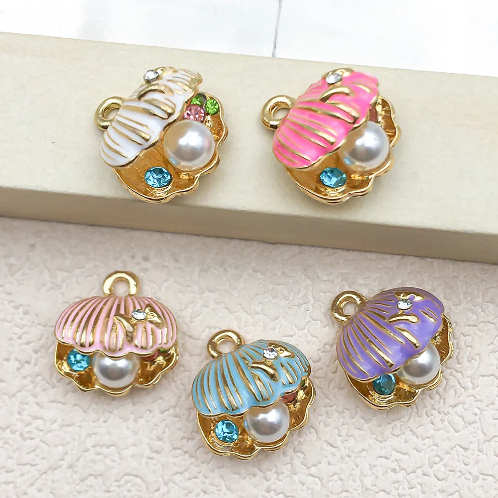 Scallop Shell Enamel Charms Zinc Alloy With Imitation Artificial Pearl And Rhinestone For DIY Jewelry Making Ocean Theme Accessories