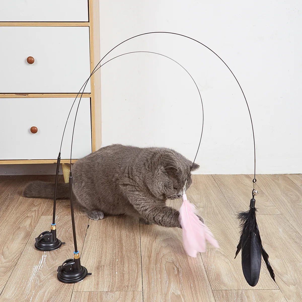 Katzenangel Mit Starkem Saugnapf Elastischem Stahldraht Natürliche Feder Glocke Interaktives Spielzeug Für Hauskatzen