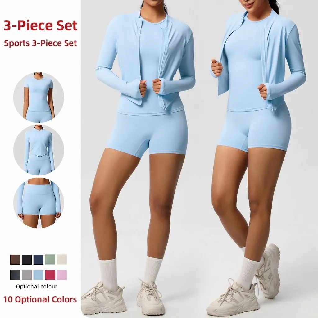 Ensemble de Yoga Haut et Bas pour Femme Veste Zippée Manches Longues Haut Manches Courtes Short de Sport Taille Haute Tenue de Fitness