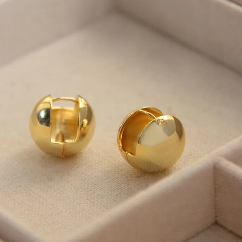 Minimalist High Polish Spherical Ball Huggie Hoop Earrings Gold Plated Alloy Geometric Vintage Jewelry For Women