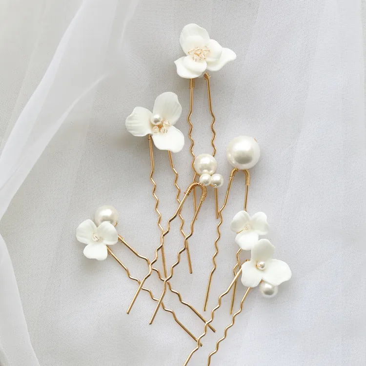 Ceramic Flower Artificial Pearl Bridal Hair Pins And Earrings Elegant Wedding Headpiece For Women Hair Accessories