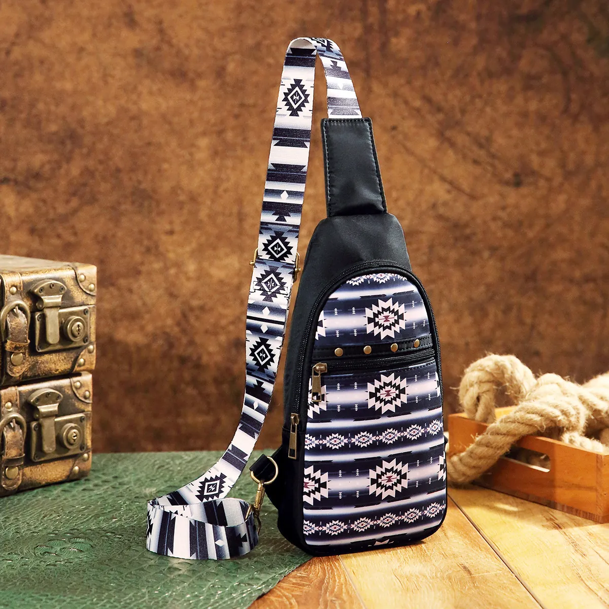 Aztec Ethnic Print Sling Chest Bag For Women Oxford Cloth Bohemian Crossbody Travel Pack With Adjustable Strap