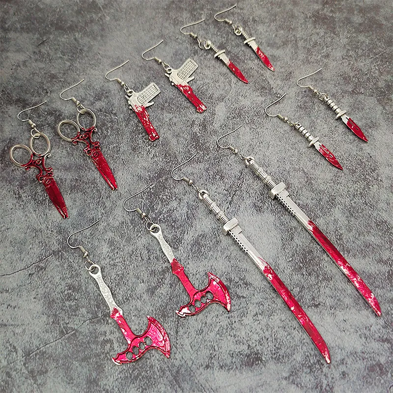 Halloween Bloodstain Weapon Dangle Earrings Alloy Iron Hook Axe Dagger Pistol Katana Shape Gothic Cosplay Jewelry For Women