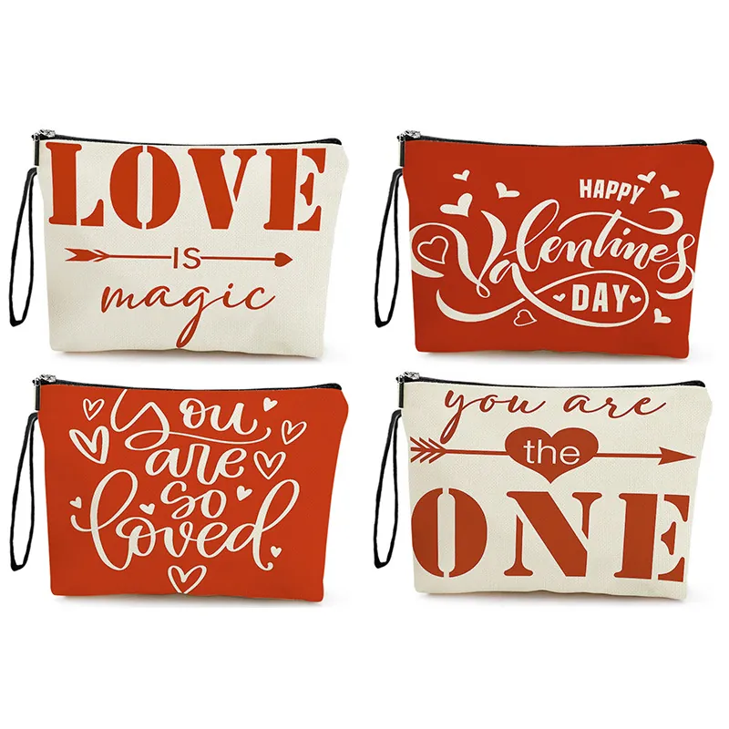 Valentine's Day Linen Canvas Makeup Bag Letter Print Cosmetic Pouch With Wristlet Strap Portable Zipper Bag For Women