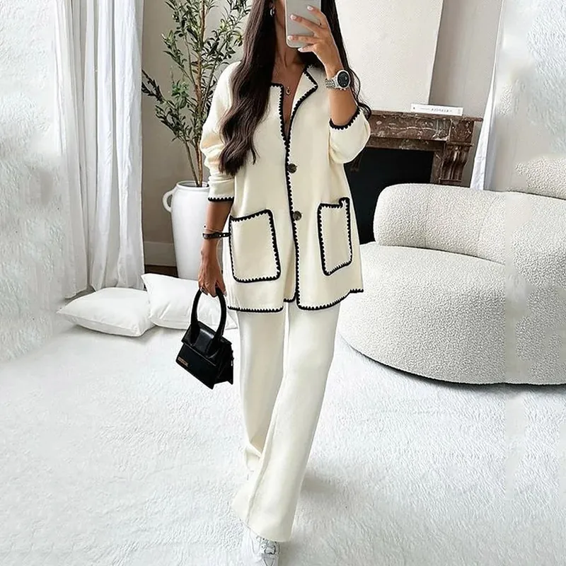 Conjunto de Dos Piezas Casual para Mujer Ribete Ondulado en Contraste Cárdigan de Manga Larga y Pantalones de Pierna Ancha Color Sólido Otoño
