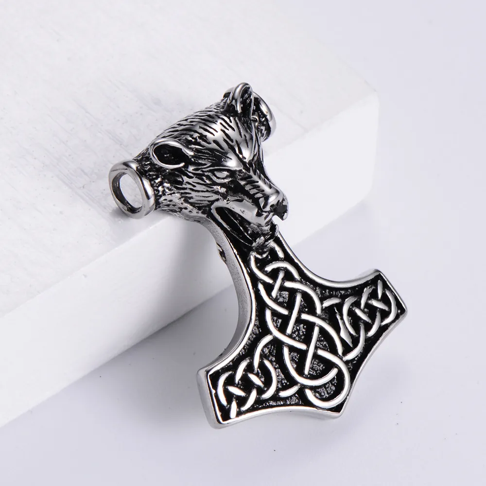 Viking Thor Hammer Pendant Necklace 304 Stainless Steel Wolf Head Celtic Knot Punk Jewelry For Men