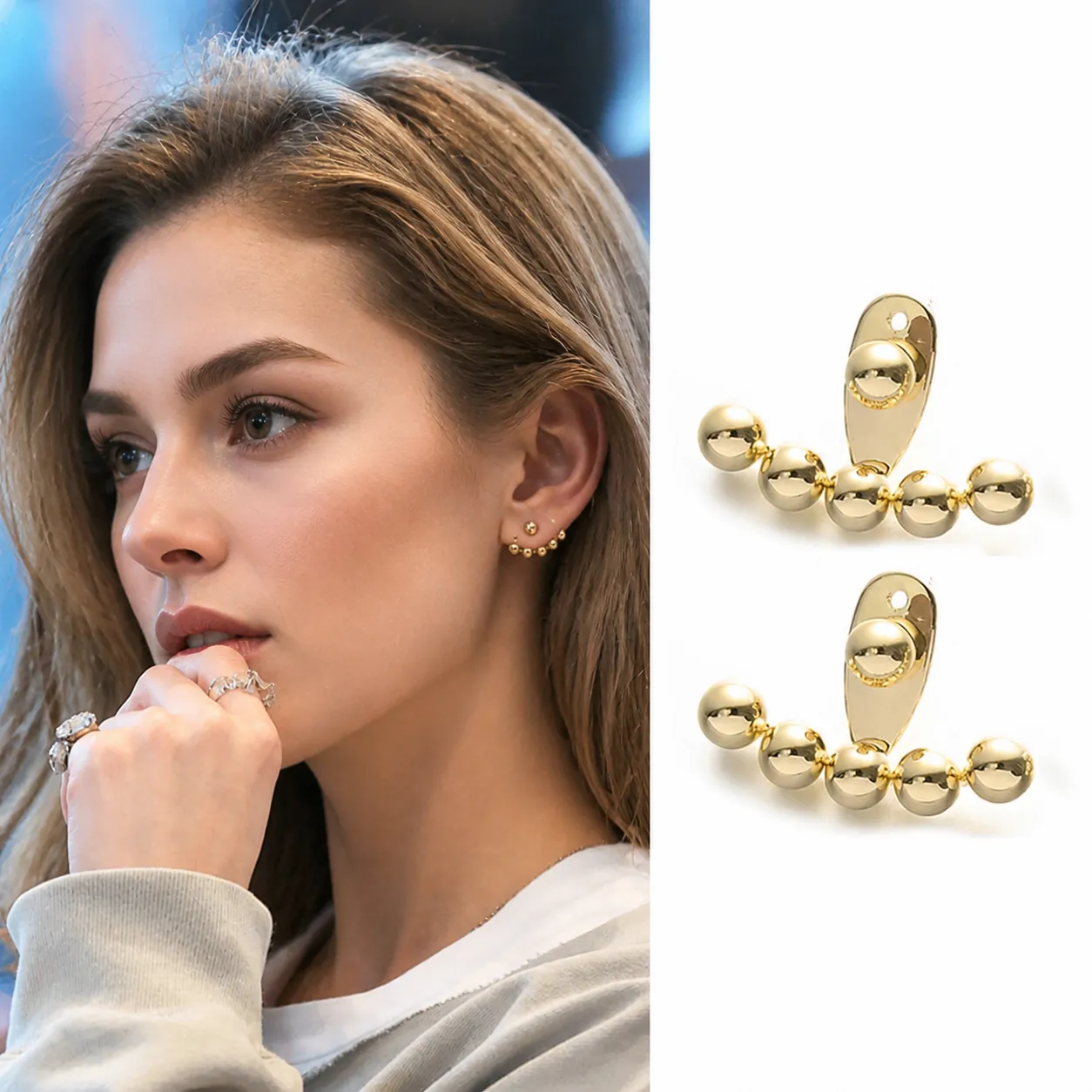 Geometric Arc Bead Ear Jackets Minimalist Polished Metal Earrings With Silver Earring Post