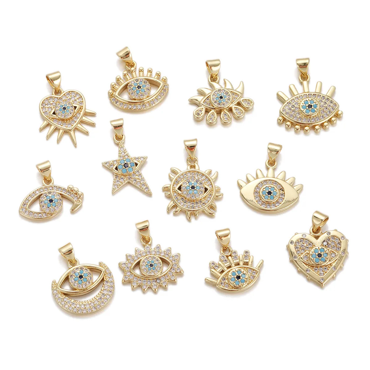 Evil Eye Pendants For Jewelry Making Copper 18K Gold Plated Cubic Zirconia DIY Heart Star Sun Moon Shapes Retro Style