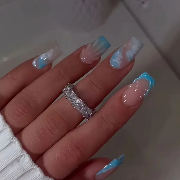 French Press On Nails Long Square Light Blue Marble Gradient Glossy Artificial Fingernails For Women