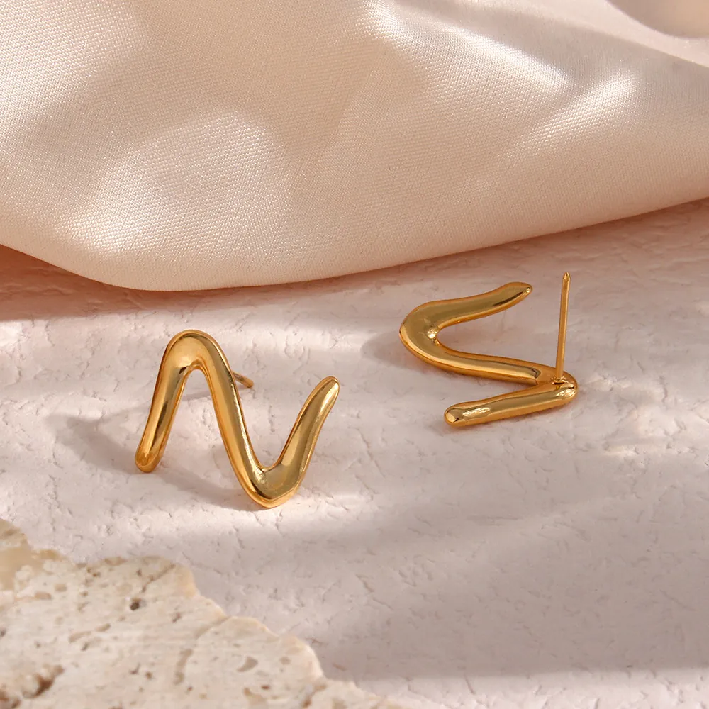 Minimalist Stainless Steel Z Shaped Stud Earrings For Women Trendy Gold Geometric Wave Line Letter Pierced Jewelry Gift