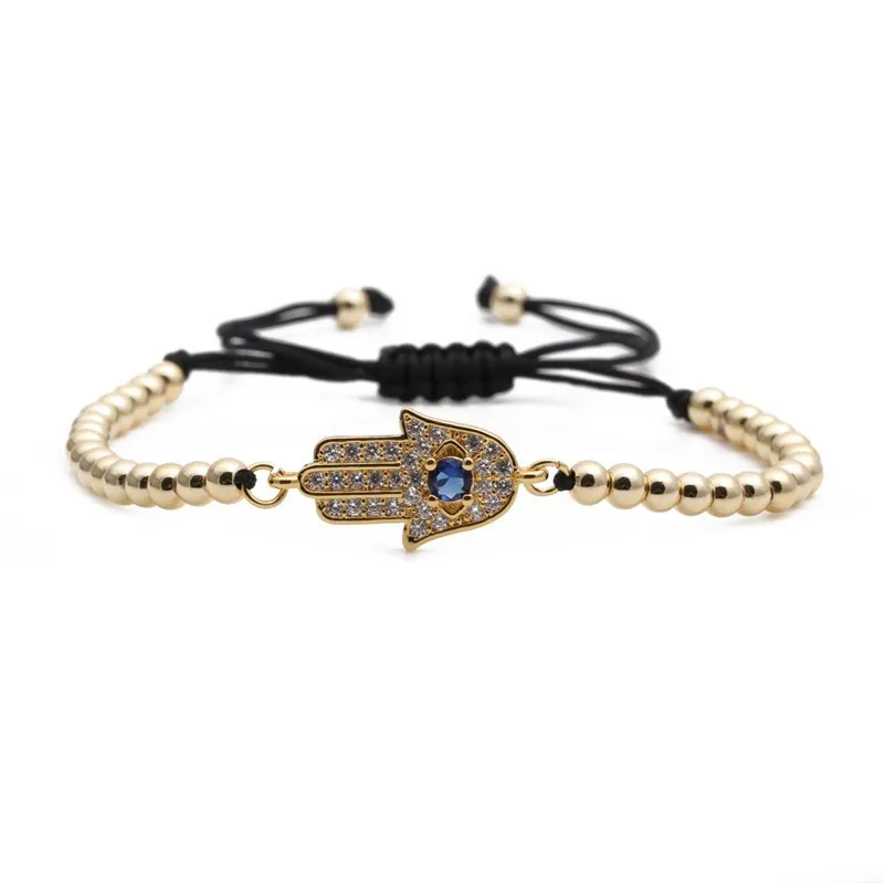 Hamsa Hand Evil Eye Copper Braided Bracelet Micro Set Cubic Zirconia Adjustable Ethnic Charm Lucky Jewelry For Women