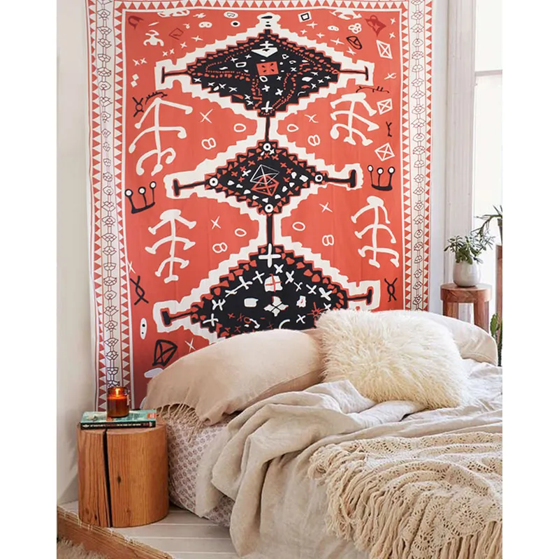 Bohemian Tribal Tapestry Wall Hanging Red Black White Geometric Pattern Polyester Fabric For Bedroom Living Room Decor